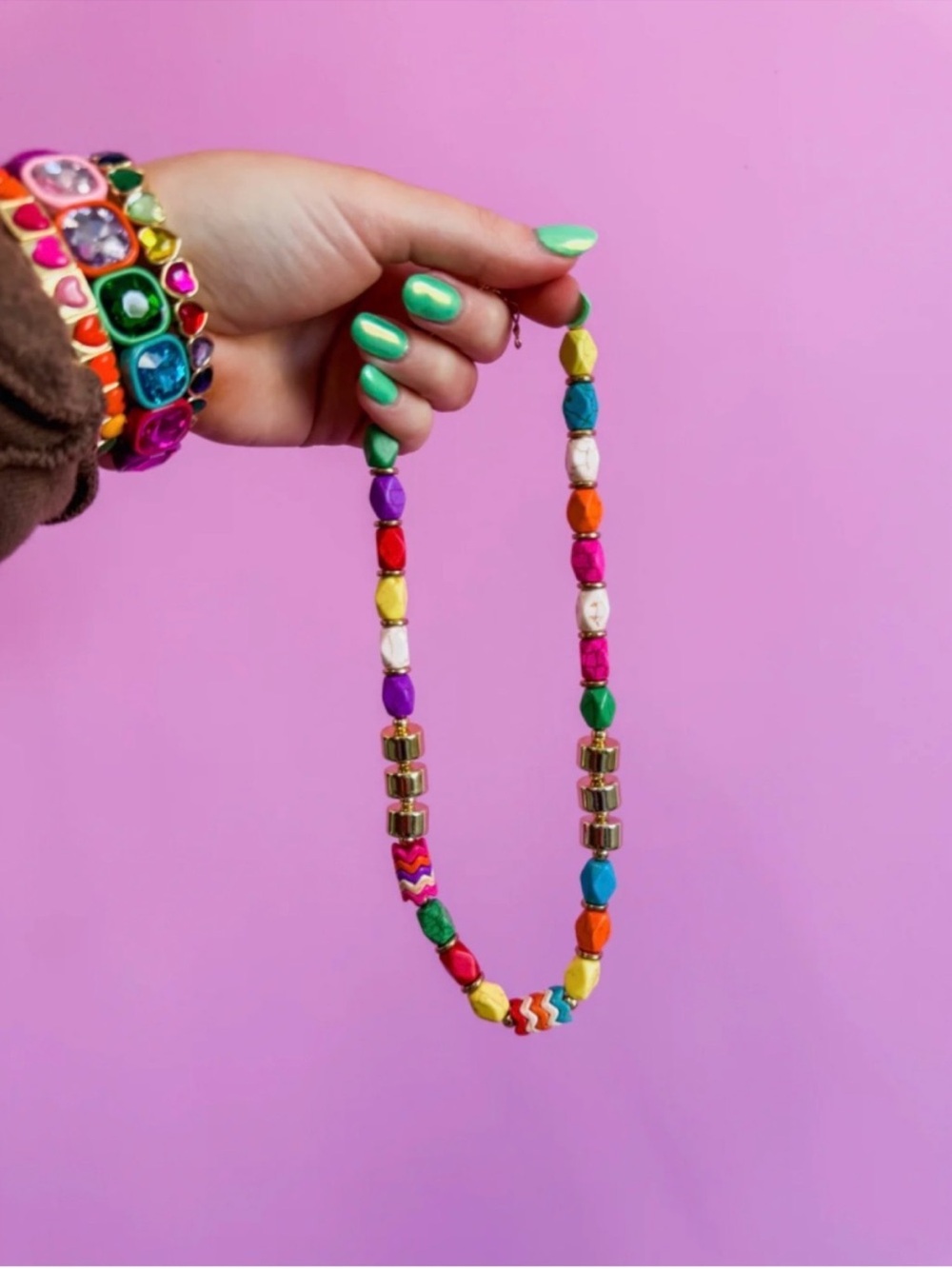 Treasure Jewels Color Party Multi Bead Statement Necklace with Gold tones